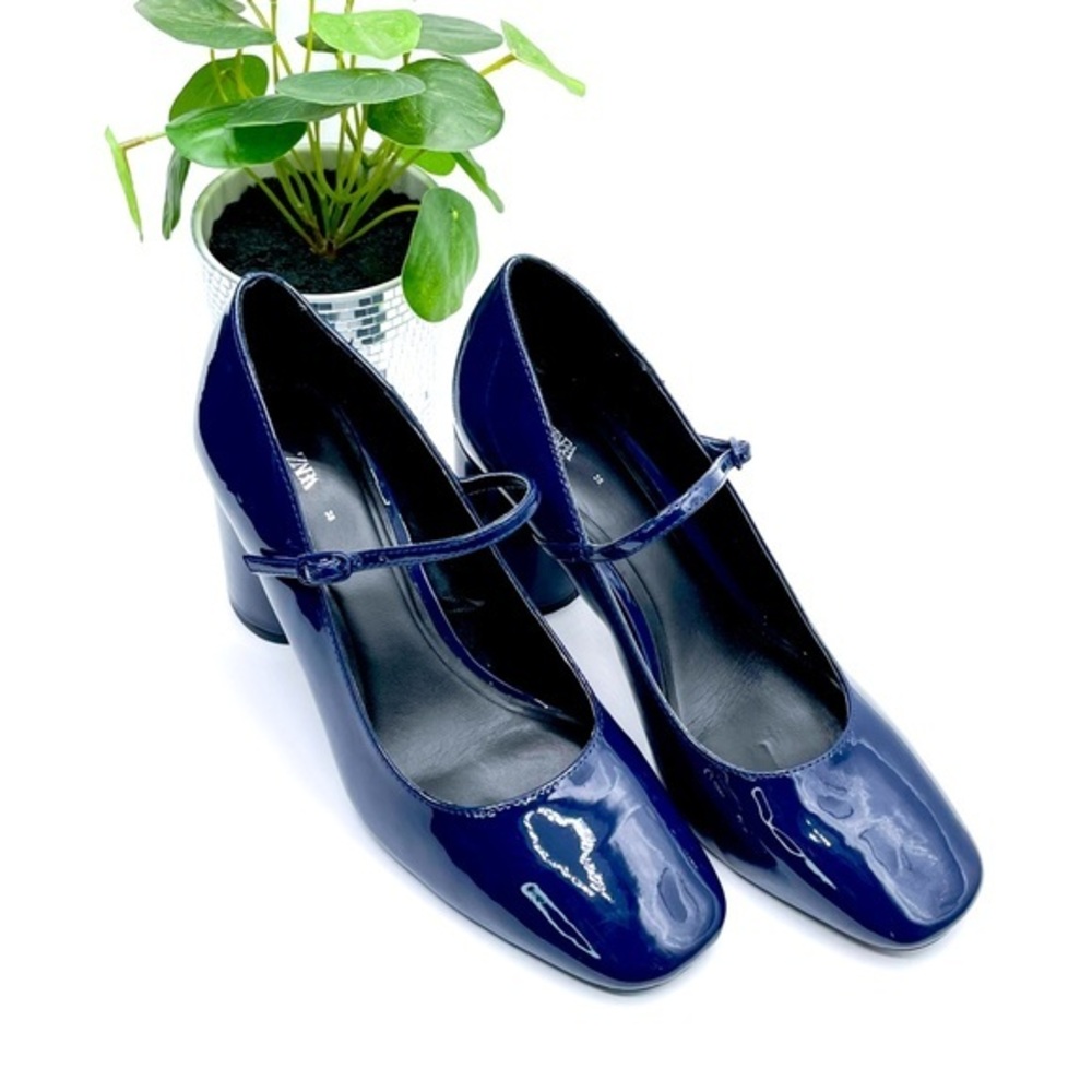 Zara Navy Blue Cruise Mary Jane Faux Patent Leather Block Heel‎ Shoes Size 38